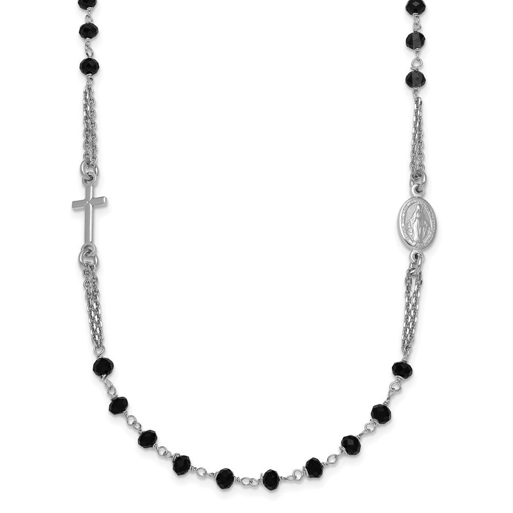 Sterling Silver Black Crystal 20" with 0.5" extender Rosary Themed Necklace