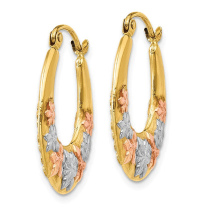14k Yellow Gold & White and Rose Rhodium Hollow Flowers Hoop Earrings