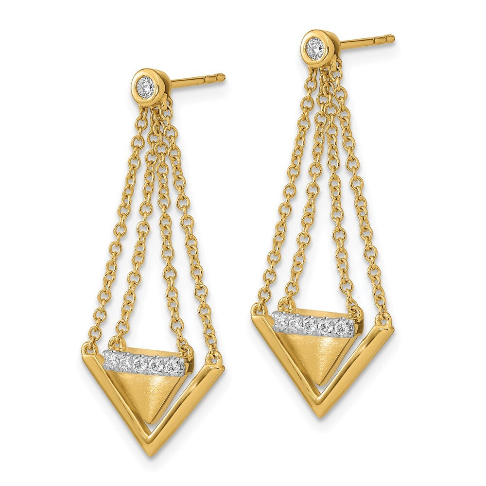 14k Yellow Gold Satin/Polished Diamond Triangle Chain Dangle Earrings