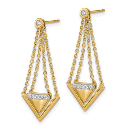 14k Yellow Gold Satin/Polished Diamond Triangle Chain Dangle Earrings