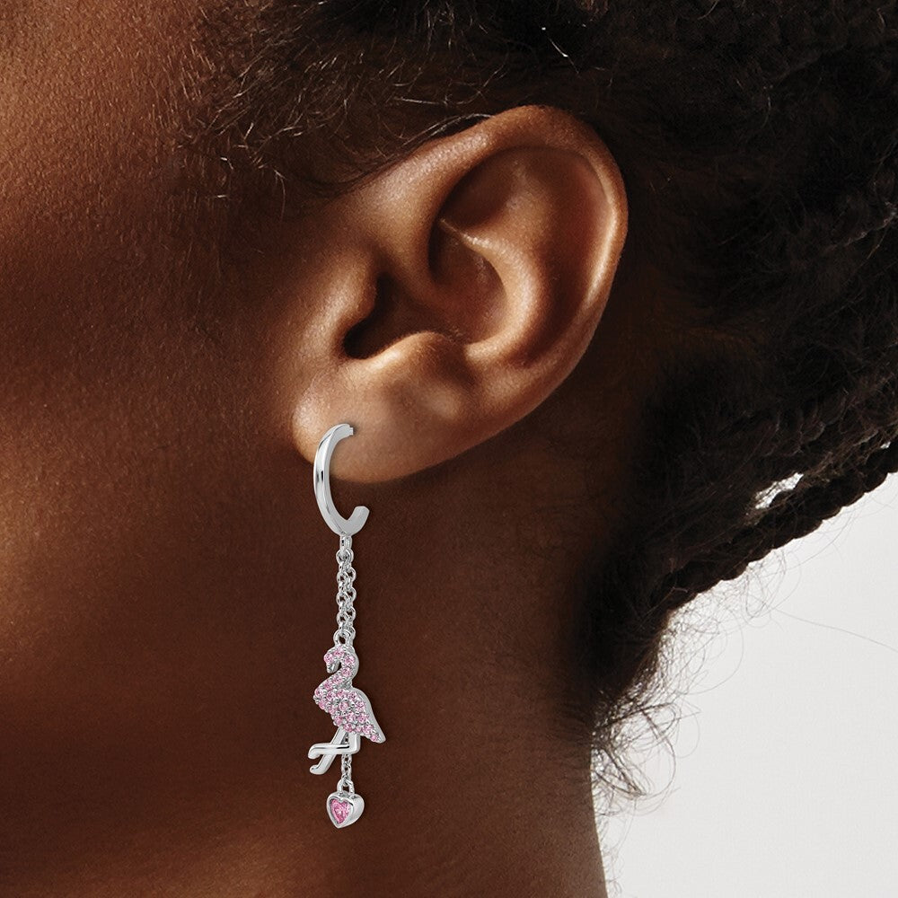 Sterling Silver Pink Cubic Zirconia Flamingo Heart Post Hoop Earrings