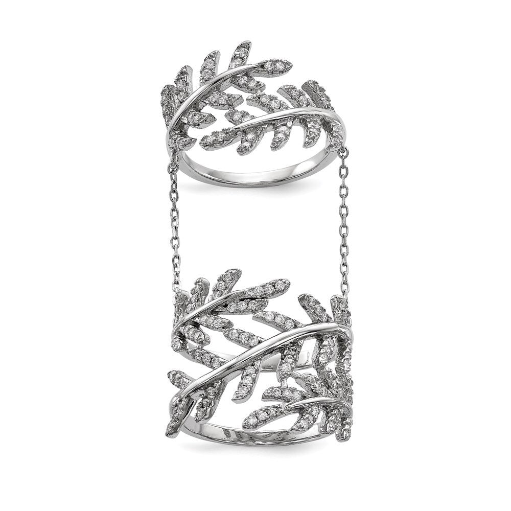 Sterling Silver Rhodium-plated Cubic Zirconia Leaf with Extender Ring Size 7
