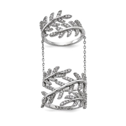 Sterling Silver Rhodium-plated Cubic Zirconia Leaf with Extender Ring Size 7