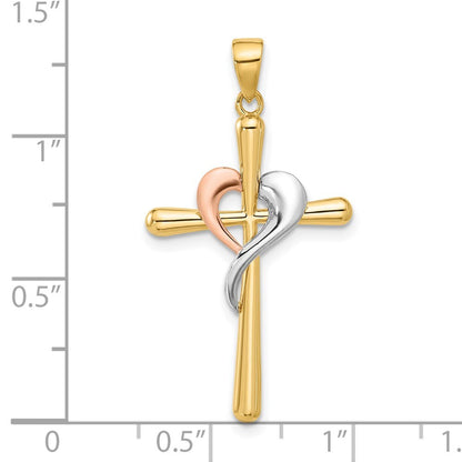 14k Two-tone Gold with White Rhodium Polished Cross with Heart Pendant