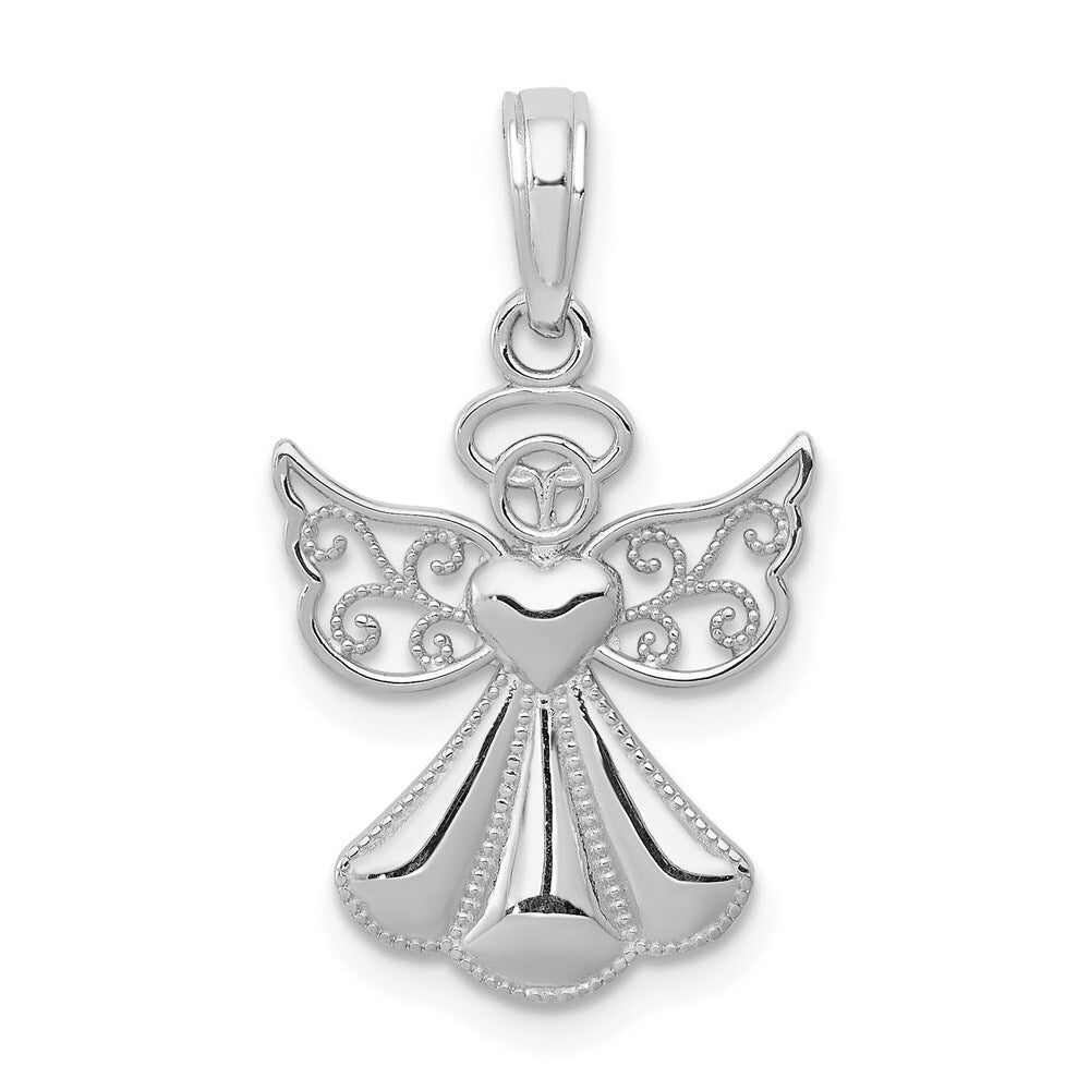 14k White Gold Polished/Textured Guardian Angel Heart Pendant for Women