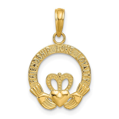 14k Yellow Gold Satin Diamond-cut Flat-Backed Claddagh Pendant for Women