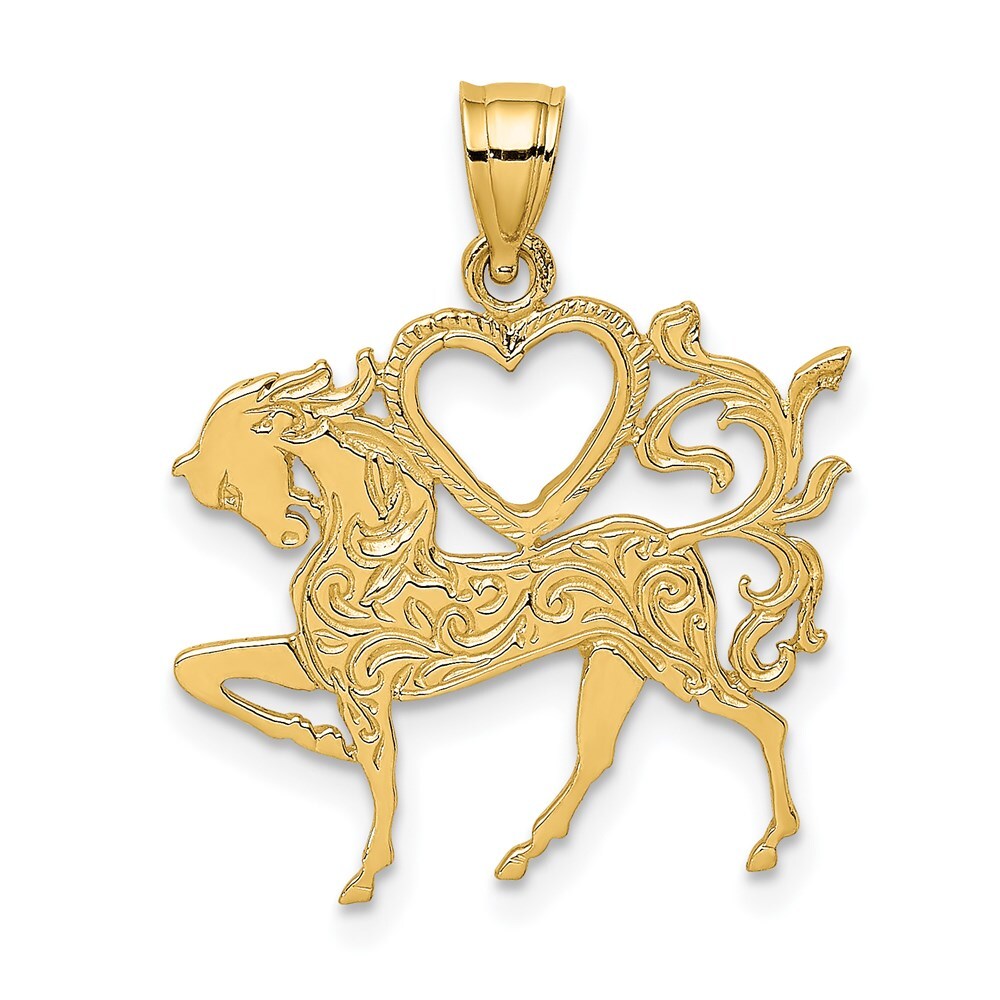 14k Yellow Gold Textured Heart and Horse Charm Pendant for Women