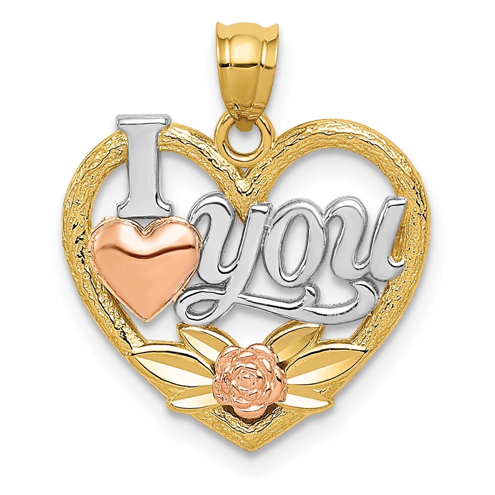 14k Two-tone Gold White Rhodium I LOVE YOU Heart Pendant for Women