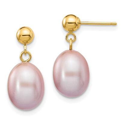 14k Yellow Gold 8-9mm Purple Rice Freshwater Cultured Pearl Post Dangle Earrings