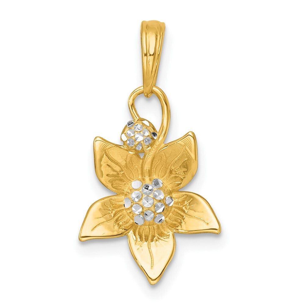 14k Yellow Gold with White Rhodium Polished Blooming Flower Charm Pendant