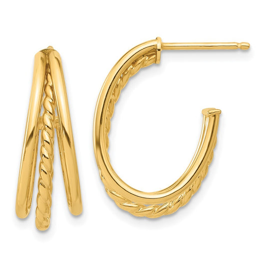 14k Yellow Gold Polished and Twist Oval Multi Row J-Hoop Earrings