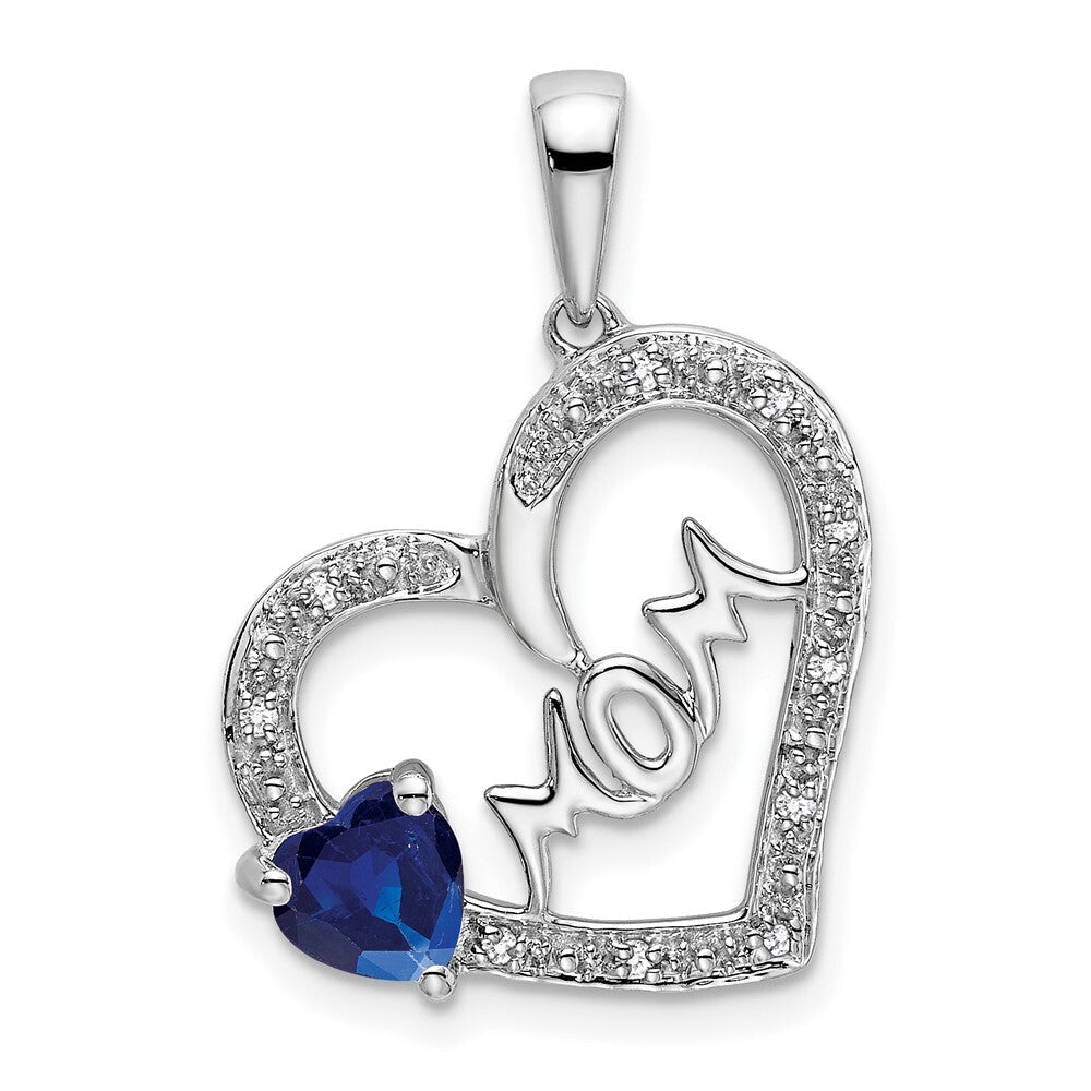 14k White Gold Sapphire and Diamond MOM Heart Pendant for Women