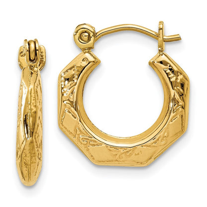 14k Yellow Gold Polished Patterned Hollow Hoop Earrings Gift for Women
