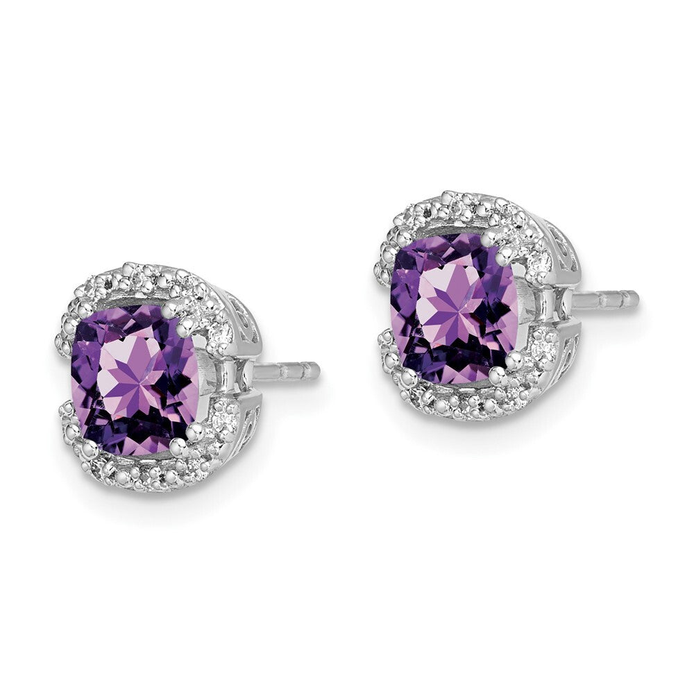 14k White Gold Cushion Amethyst and Diamond Halo Stud Earrings