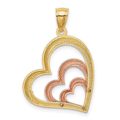 14k Two-tone Gold and White Rhodium Polished 3 Hearts Pendant for Women