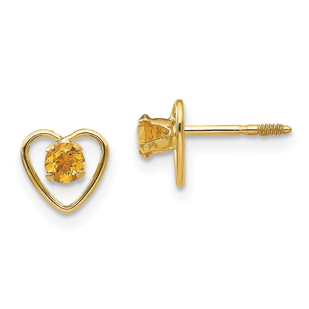 14k Yellow Gold 3mm Genuine Citrine Birthstone Heart Stud Earrings