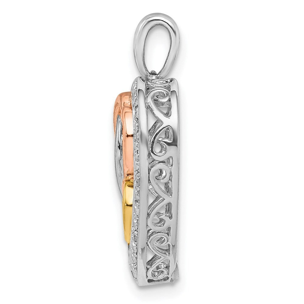 Sterling Silver Rhodium White, Yellow, & Rose Gold Plating Diamond Heart Pendant