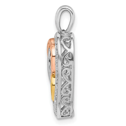 Sterling Silver Rhodium White, Yellow, & Rose Gold Plating Diamond Heart Pendant