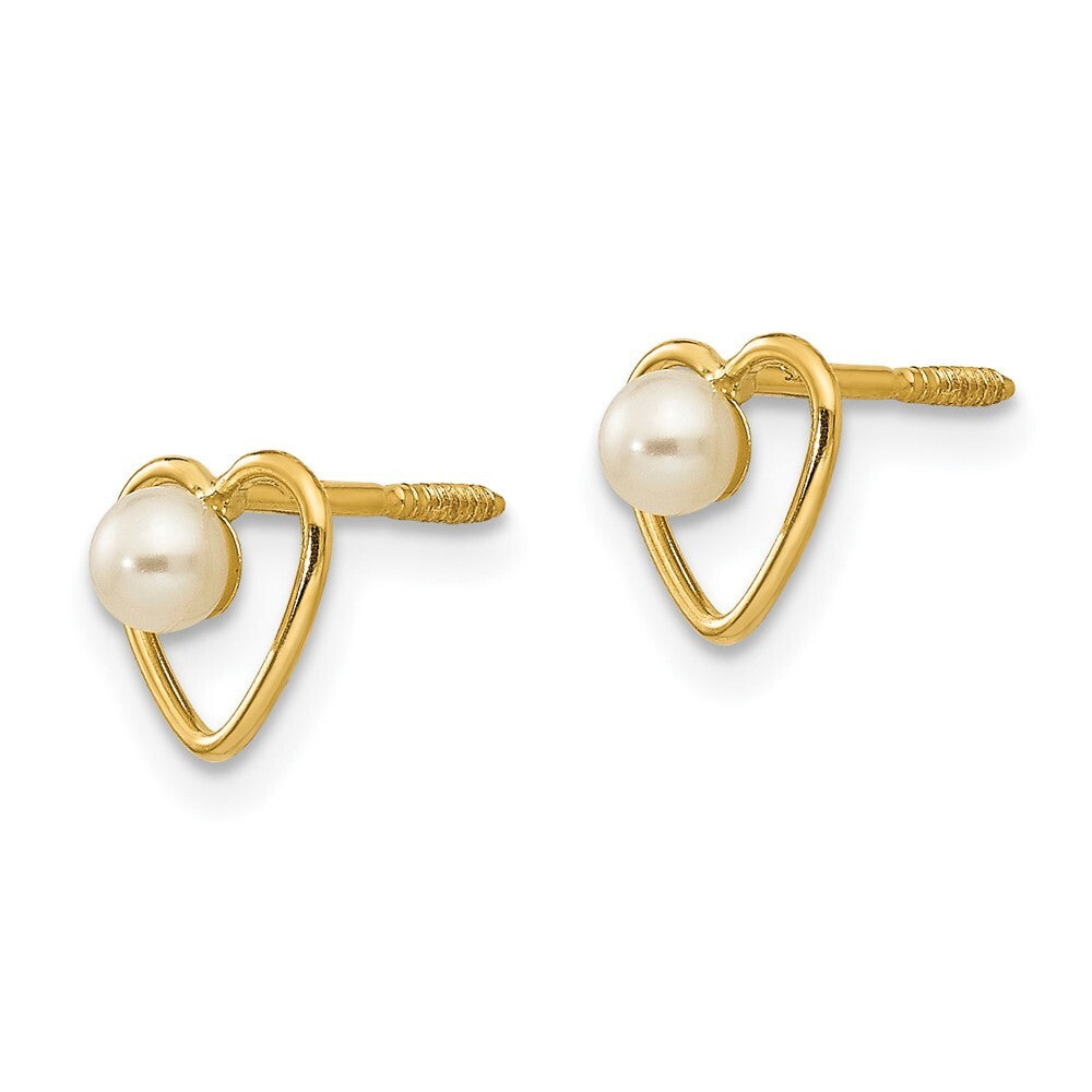 14k Yellow Gold 3mm FW Cultured Pearl Birthstone Heart Stud Earrings