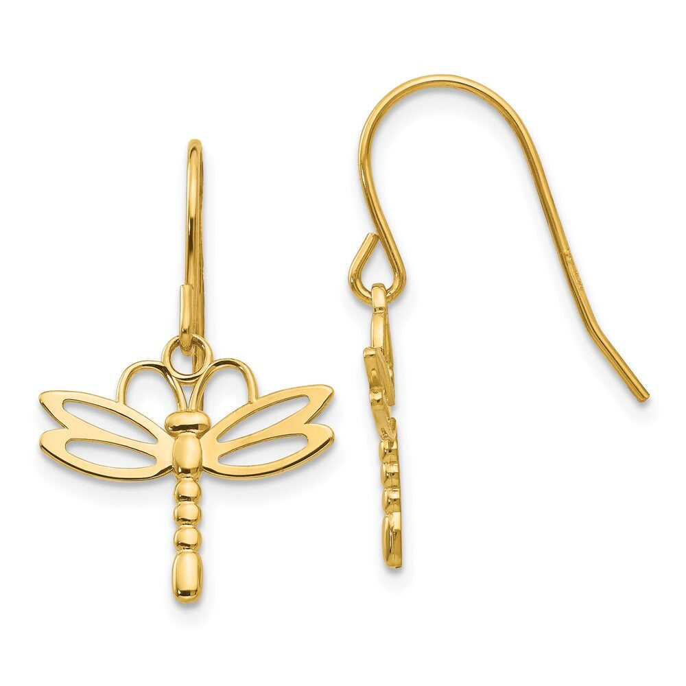 14k Yellow Gold Dragonfly Shepherd Hook Earrings