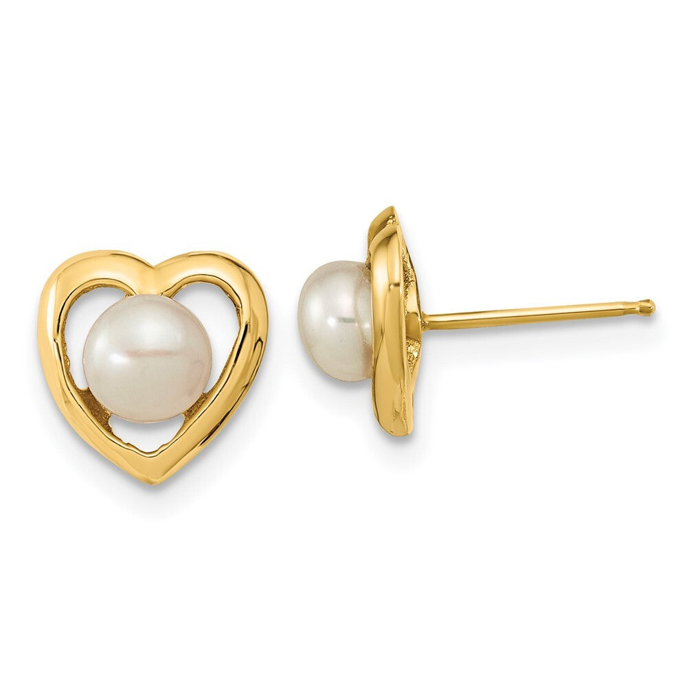 14k Yellow Gold 4-5mm White Button Freshwater Cultured Pearl Heart Stud Earrings