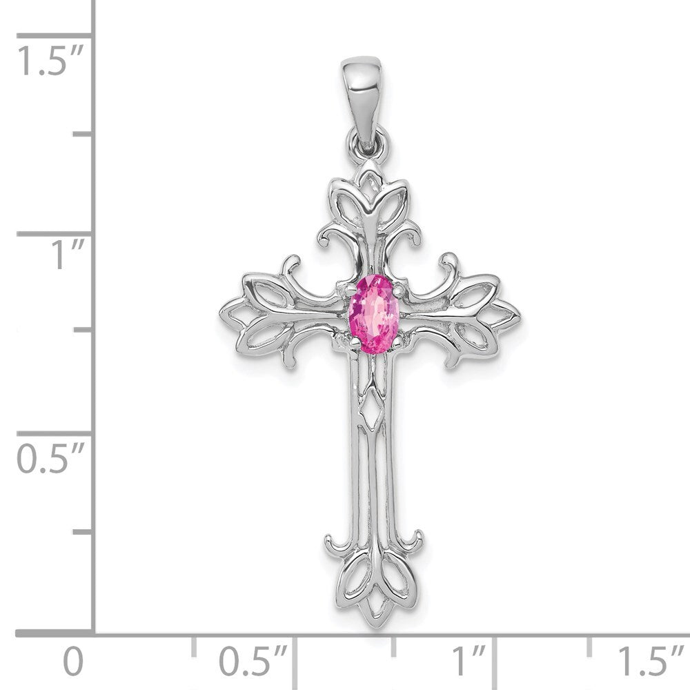 14k White Gold 5x3mm Oval Pink Sapphire cross pendant for Women