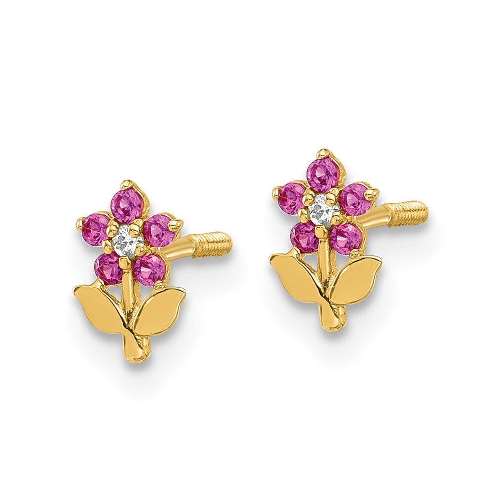 14k Yellow Gold Polished Dark Pink & Cubic Zirconia Flower Stud Earrings