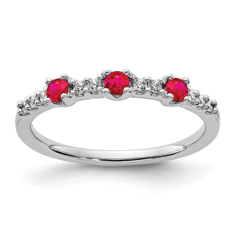 14k White Gold Diamond and Ruby 3-Stone Ring Size 7