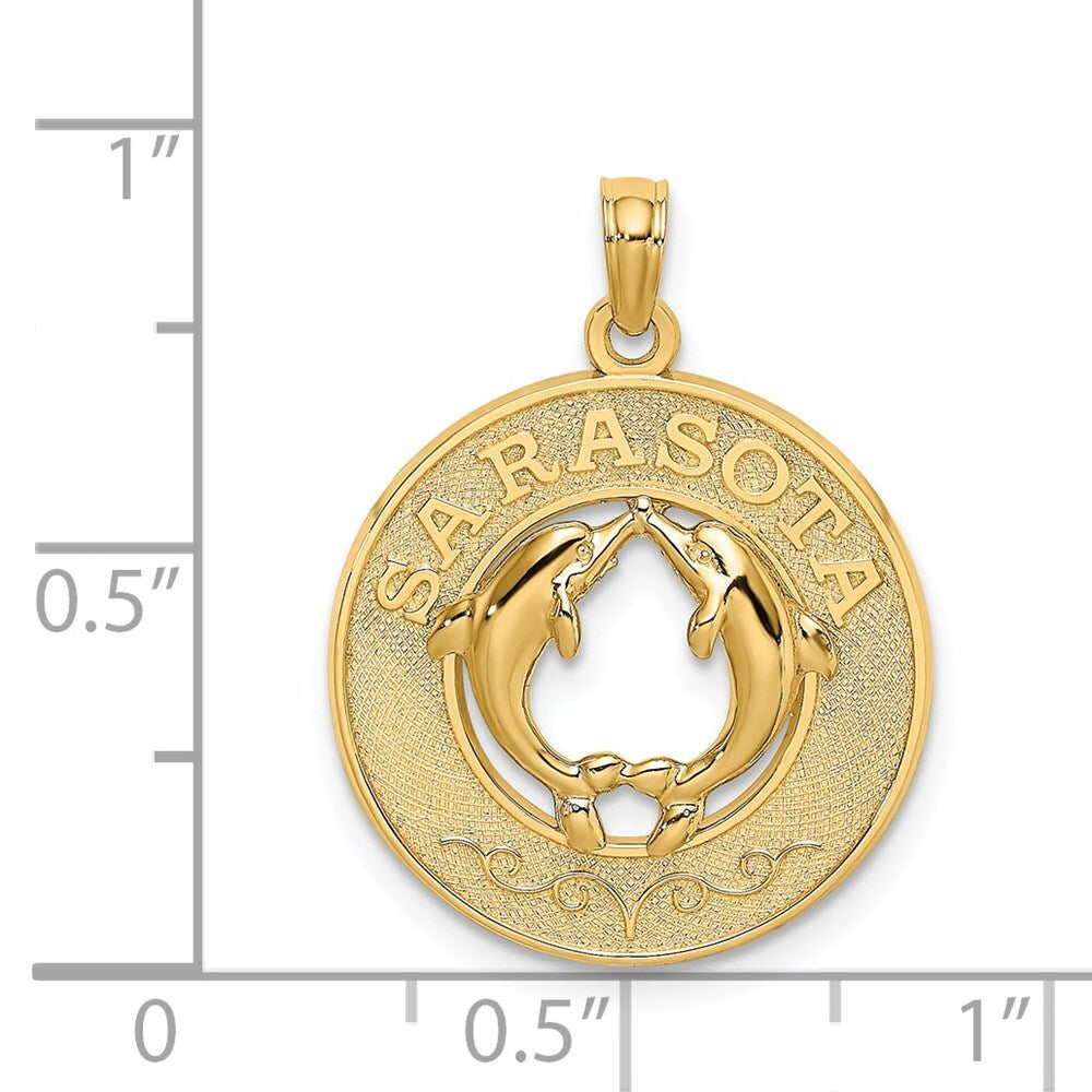 14k Yellow Gold SARASOTA Dolphins Circle Charm Pendant for Women
