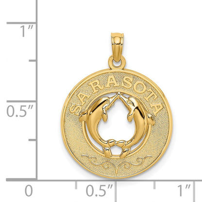 14k Yellow Gold SARASOTA Dolphins Circle Charm Pendant for Women