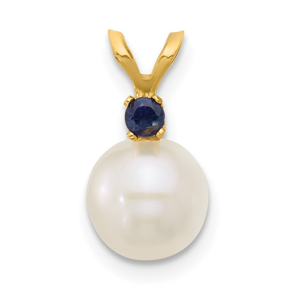 14k Yellow Gold 7-7.5mm White Round Freshwater Cultured Pearl & Sapphire Pendant