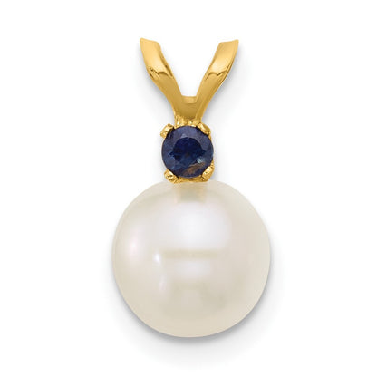 14k Yellow Gold 7-7.5mm White Round Freshwater Cultured Pearl & Sapphire Pendant