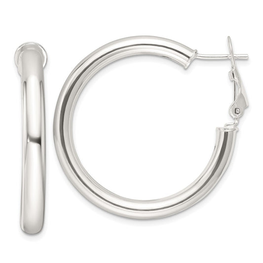 Sterling Silver Polished 4mm Omega Back Round Hoop Earrings