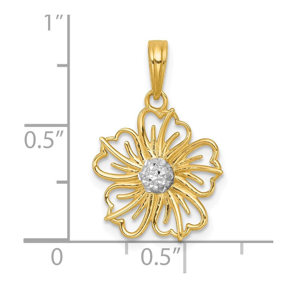 14k Yellow Gold with White Rhodium Polished Fancy Flower Charm Pendant for Women
