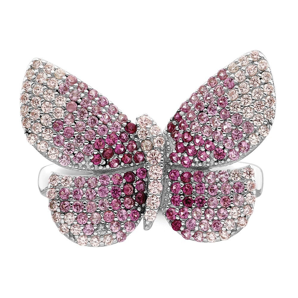 Sterling Silver Rhodium-plated Polished Pink CZ Butterfly Ring Size 8