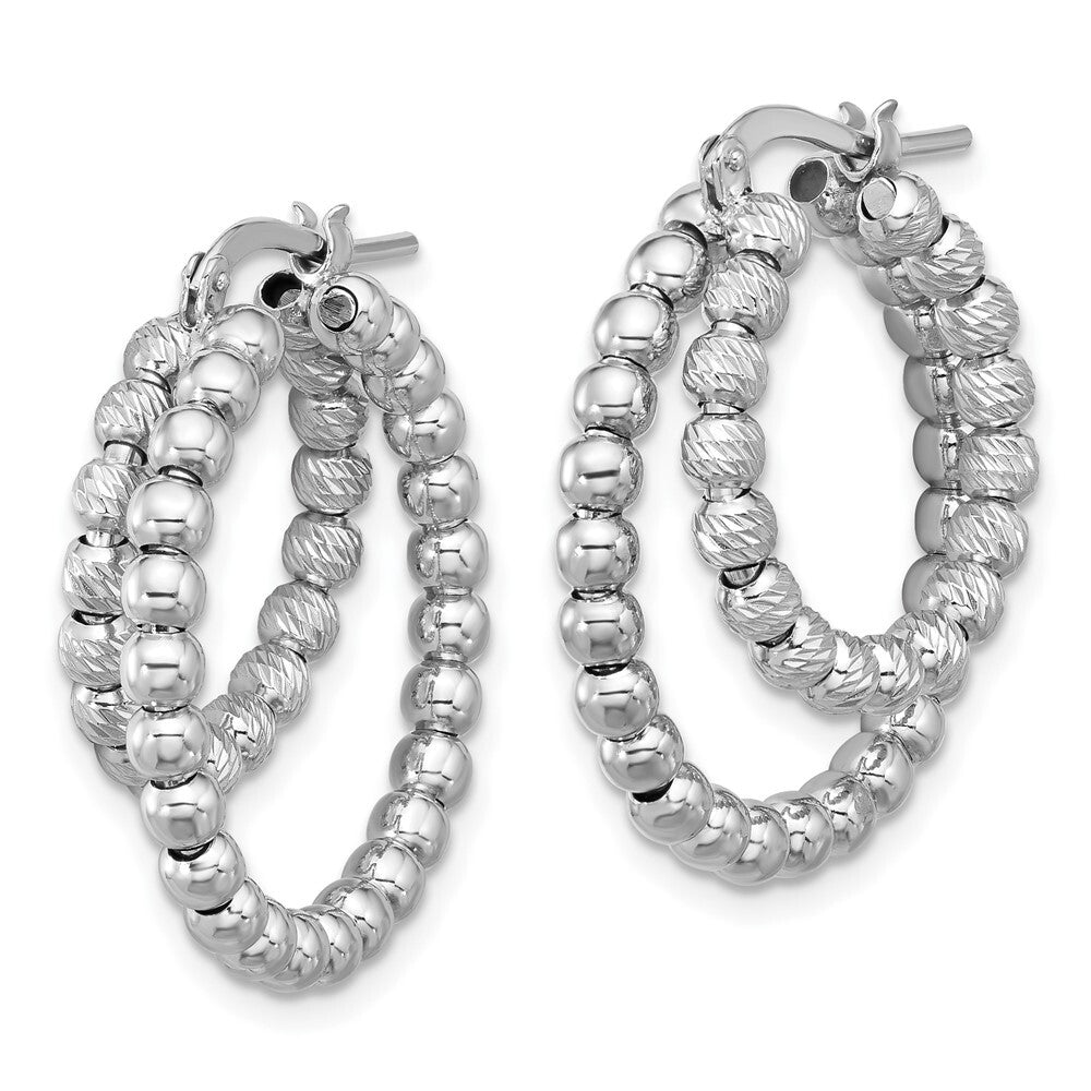 Sterling Silver Rhod-plated Diamond-cut Beaded Double Hoop Earrings