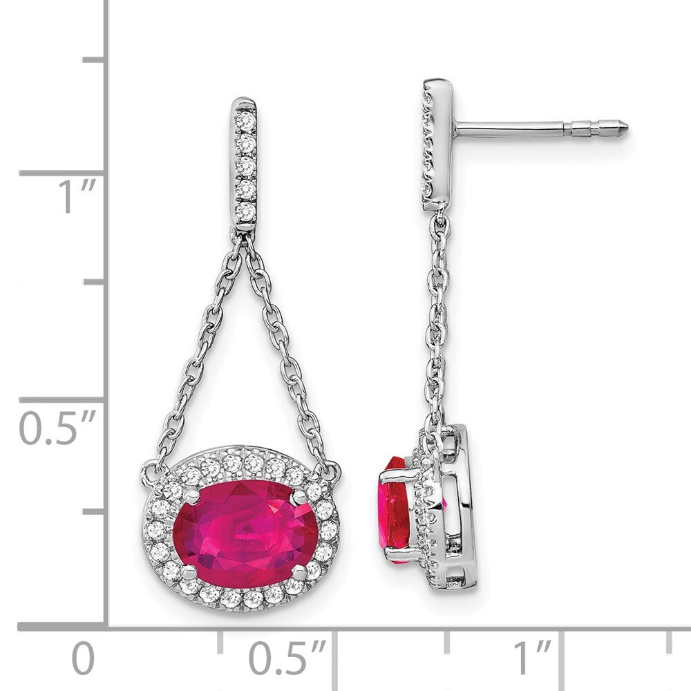 14k White Gold Oval Created Ruby and Diamond Dangle Earrings