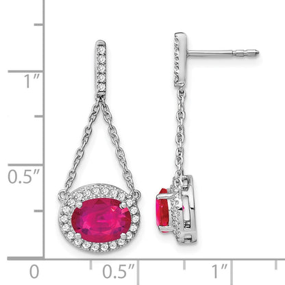 14k White Gold Oval Created Ruby and Diamond Dangle Earrings