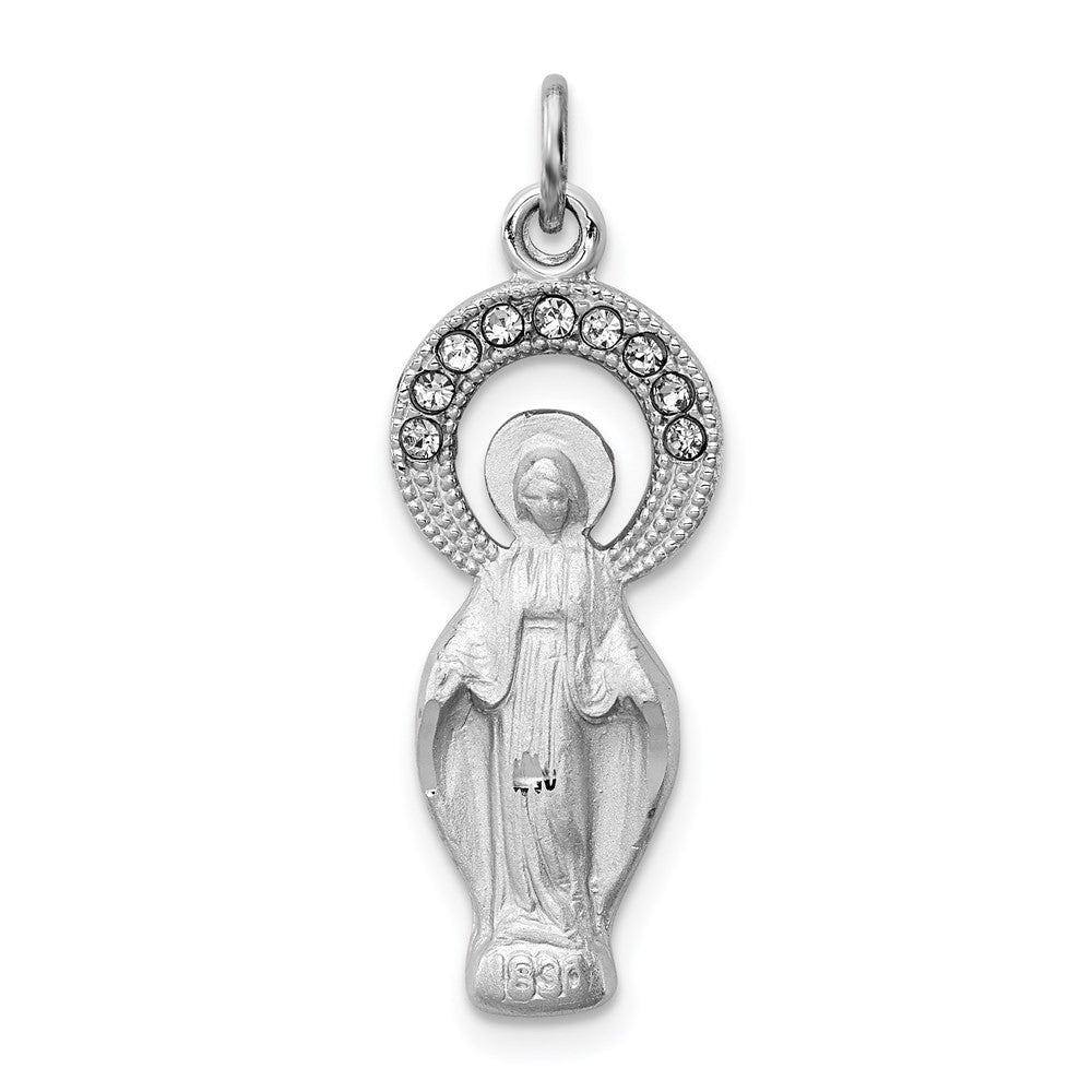 Sterling Silver Platinum-plated Polished & Satin CZ Miraculous Medal Pendant