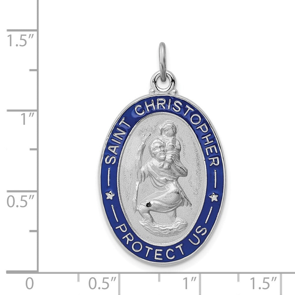 Sterling Silver Rhodium-plated Enameled St. Christopher Medal Pendant