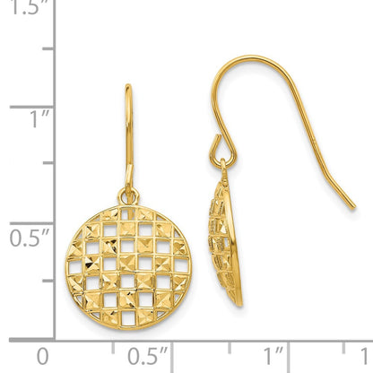 14k Yellow Gold Circle Diamond-cut Drop Dangle Earrings w/ Shepherd Hook