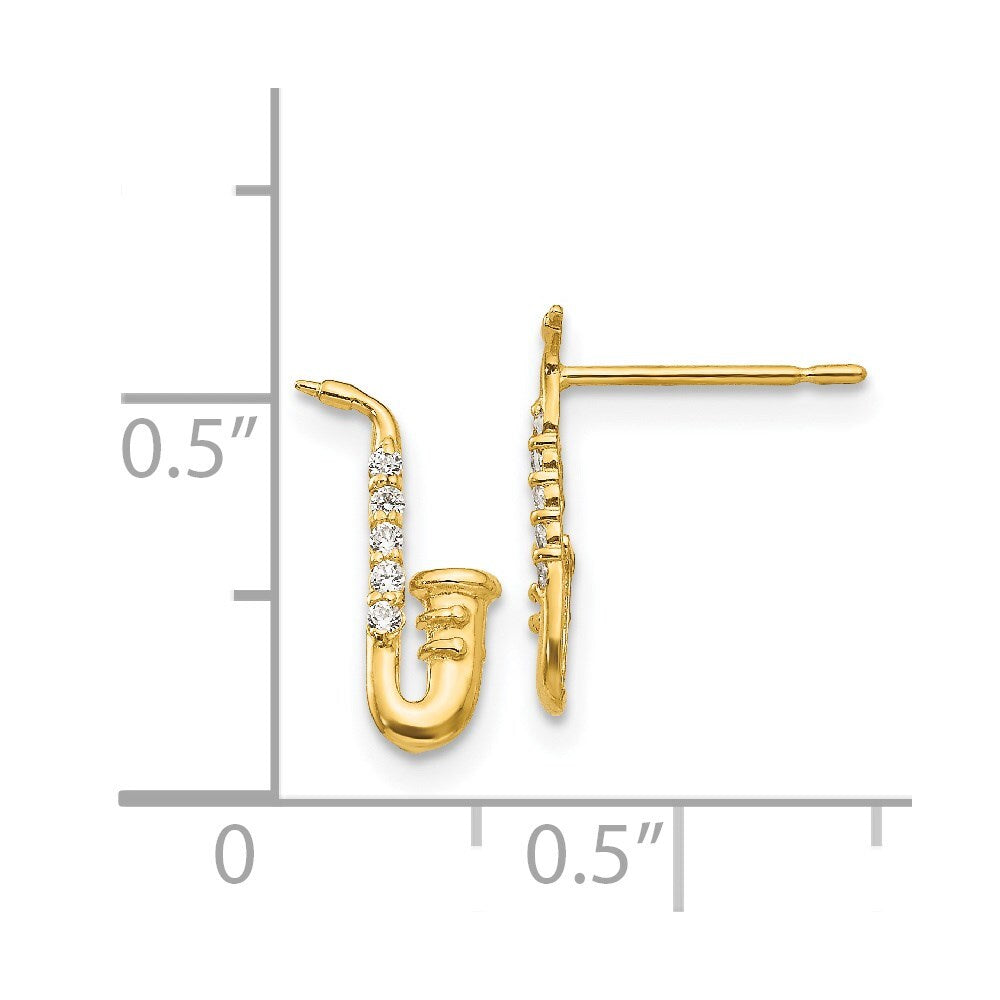 14k Yellow Gold Cubic Zirconia Saxophone Stud Earrings Gift for Women