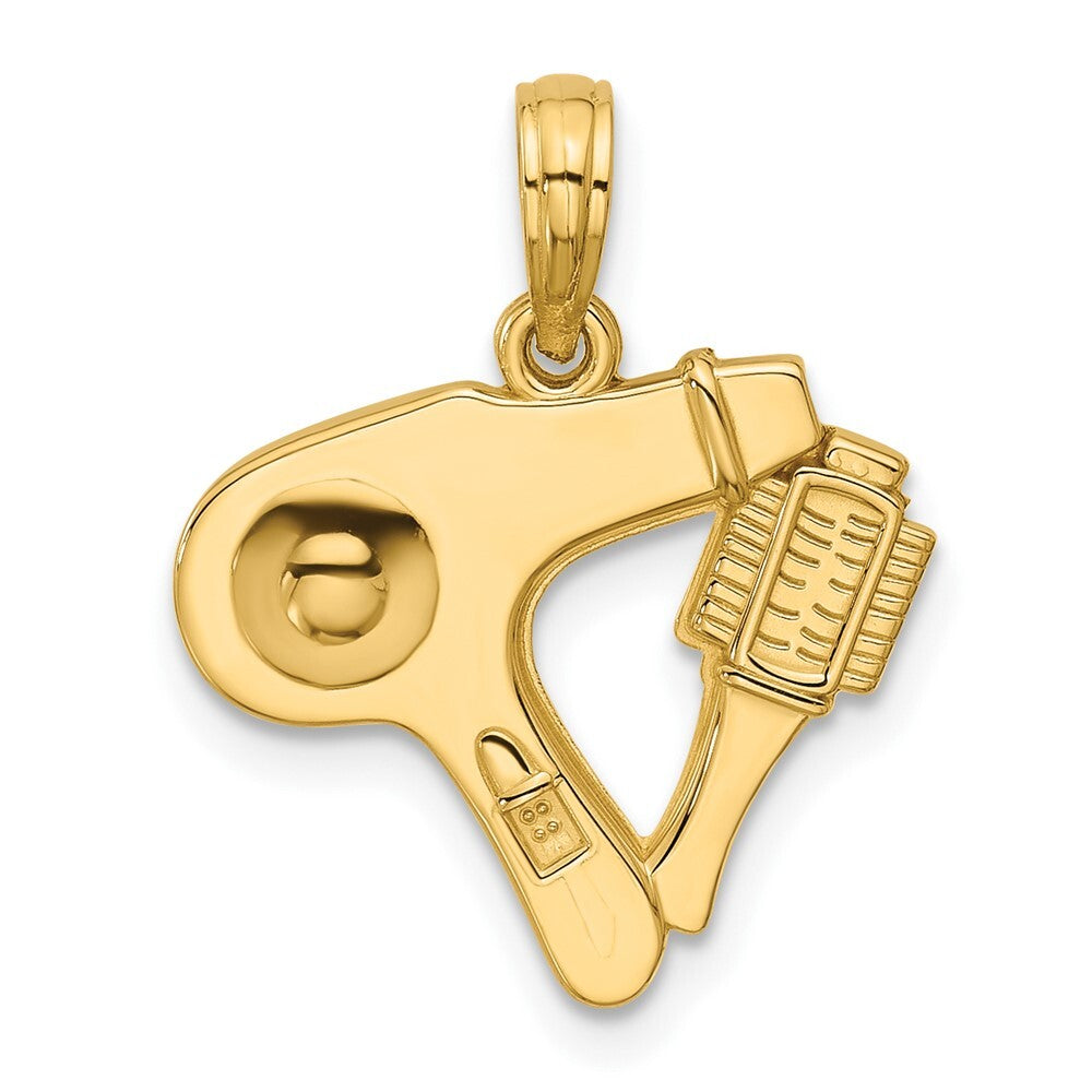 14k Yellow Gold Polished Blow Dryer and Curl Brush Pendant for Women