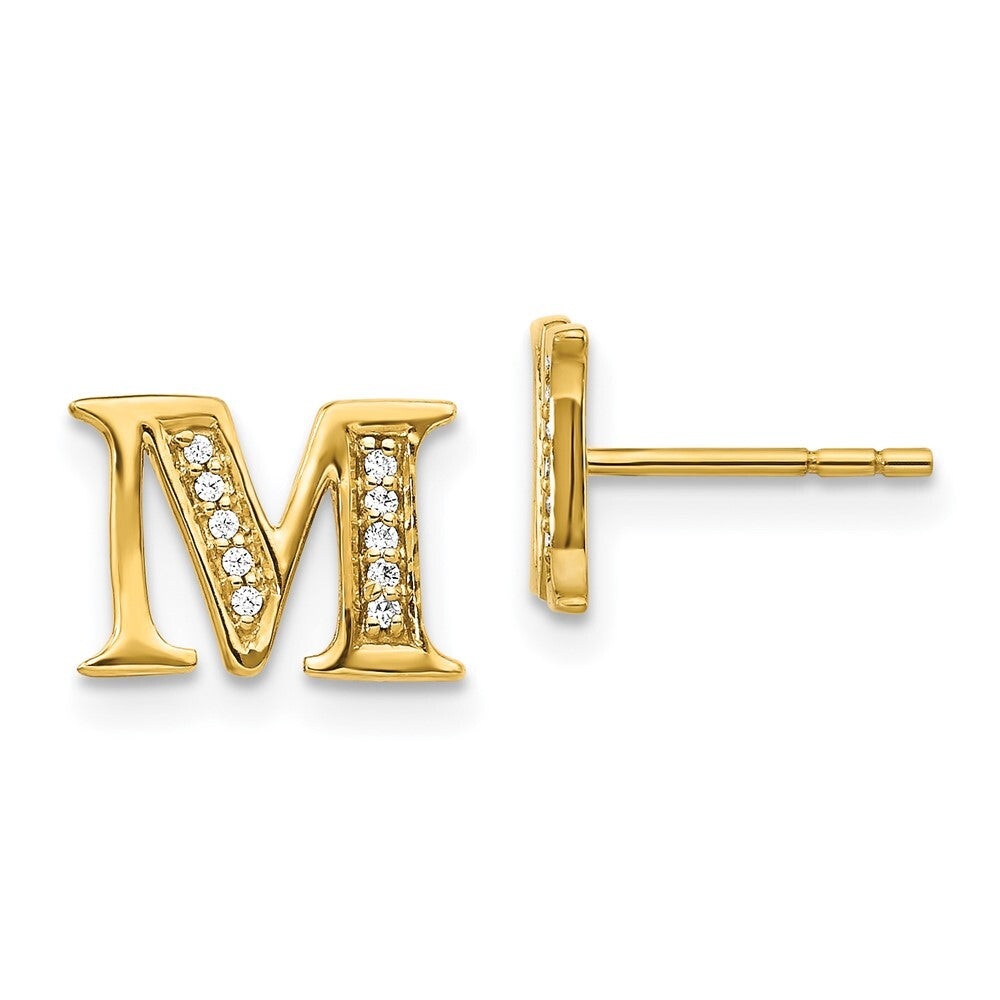 14k Yellow Gold Diamond Initial M Stud Earrings Gift for Women