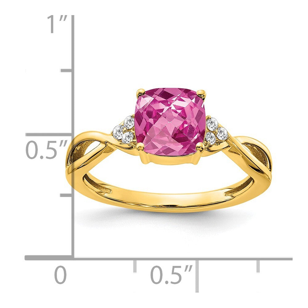 14K Yellow Gold Checkerboard Created Pink Sapphire and Diamond Ring Size 7