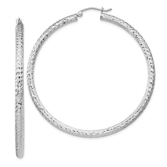 Sterling Silver Rhodium-plated Diamond-cut 3x55mm Hoop Earrings
