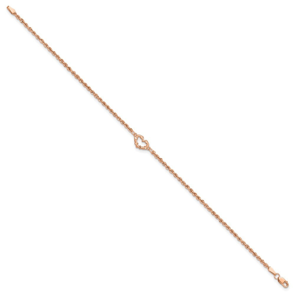 14k Rose Gold Diamond-cut Open Heart and Rope Chain 9 inch Anklet