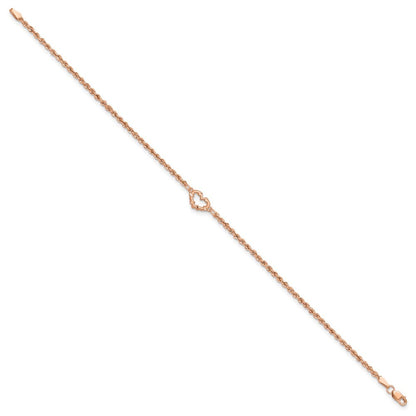 14k Rose Gold Diamond-cut Open Heart and Rope Chain 9 inch Anklet