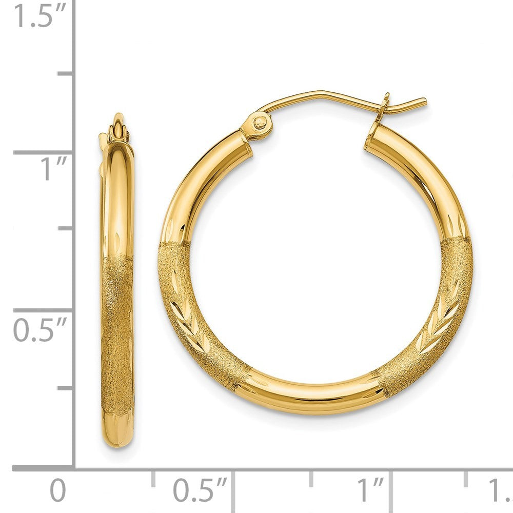 14k Yellow Gold Satin and Diamond-cut 2.5mm Round Hoop Earrings