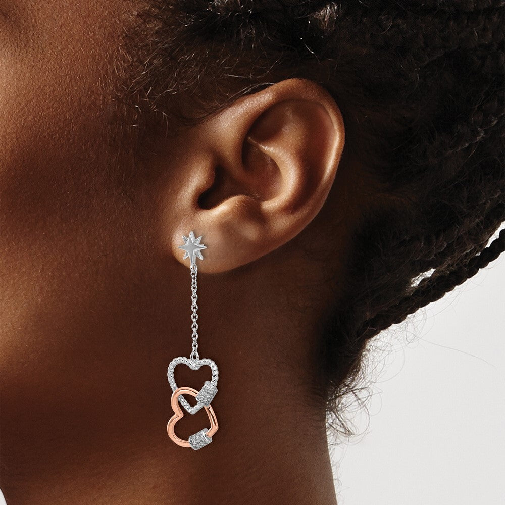 Sterling Silver Rose-tone Cubic Zirconia Hearts Dangle Post Earrings